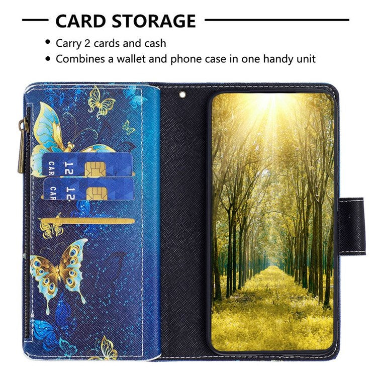 BF Pattern Printing Leather Series-4 for iPhone 14 6.1 inch, 03 Style Zipper Pocket Case PU Leather + TPU Magnetic Clasp Phone Cover with Wallet Stand - Golden Butterflies