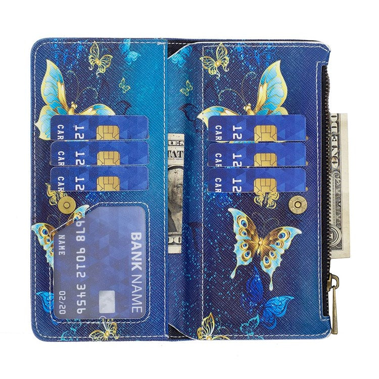 BF Pattern Printing Leather Series-4 for iPhone 14 6.1 inch, 03 Style Zipper Pocket Case PU Leather + TPU Magnetic Clasp Phone Cover with Wallet Stand - Golden Butterflies
