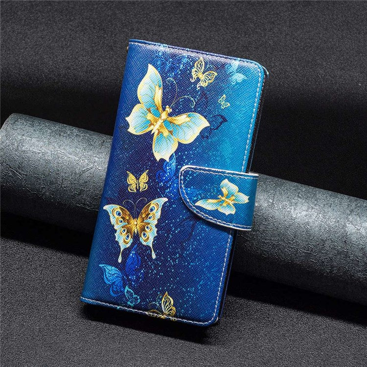 BF Pattern Printing Leather Series-4 for iPhone 14 6.1 inch, 03 Style Zipper Pocket Case PU Leather + TPU Magnetic Clasp Phone Cover with Wallet Stand - Golden Butterflies