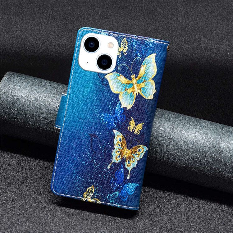 BF Pattern Printing Leather Series-4 for iPhone 14 6.1 inch, 03 Style Zipper Pocket Case PU Leather + TPU Magnetic Clasp Phone Cover with Wallet Stand - Golden Butterflies