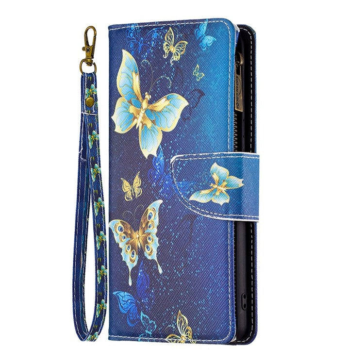 BF Pattern Printing Leather Series-4 for iPhone 14 6.1 inch, 03 Style Zipper Pocket Case PU Leather + TPU Magnetic Clasp Phone Cover with Wallet Stand - Golden Butterflies