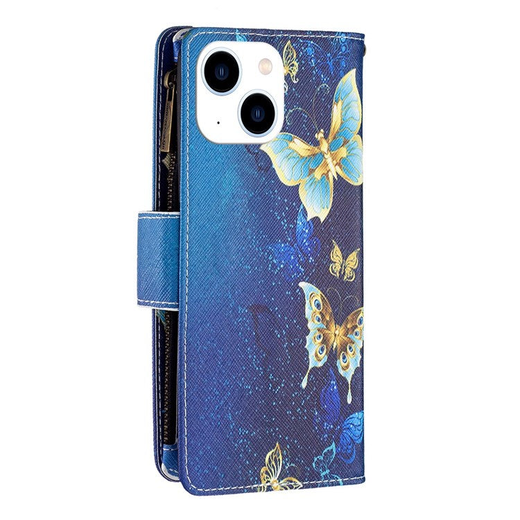 BF Pattern Printing Leather Series-4 for iPhone 14 6.1 inch, 03 Style Zipper Pocket Case PU Leather + TPU Magnetic Clasp Phone Cover with Wallet Stand - Golden Butterflies