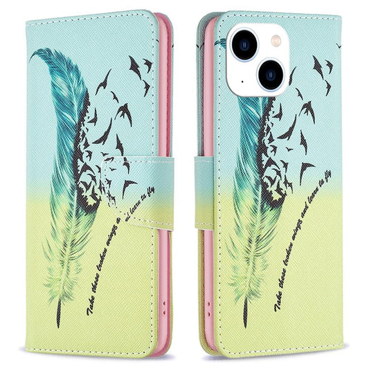 BF Pattern Printing Leather Series-1 for iPhone 14 6.1 inch Viewing Stand Phone Cover PU Leather TPU Folio Flip Wallet Case - Feather