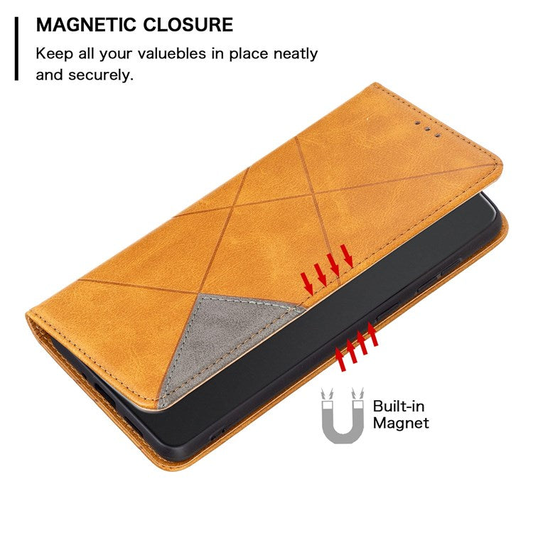 For iPhone 14 6.1 inch BF Imprinting Pattern Series-1 Card Holder Geometric Imprinted Leather Phone Case Auto Closing Magnetic Stand Cover - Yellow