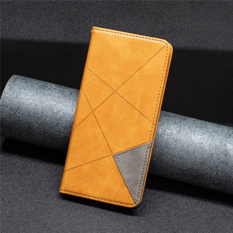 For iPhone 14 6.1 inch BF Imprinting Pattern Series-1 Card Holder Geometric Imprinted Leather Phone Case Auto Closing Magnetic Stand Cover - Yellow