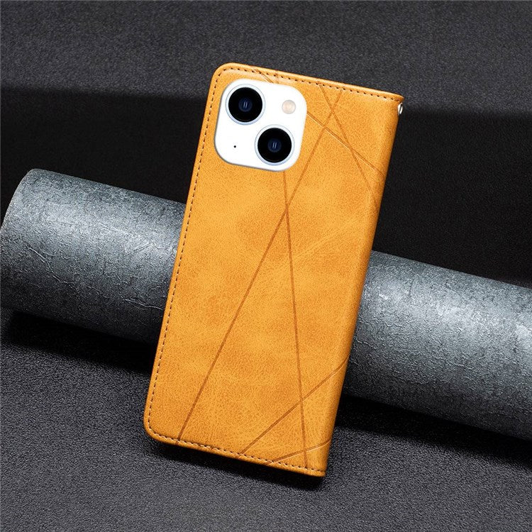 For iPhone 14 6.1 inch BF Imprinting Pattern Series-1 Card Holder Geometric Imprinted Leather Phone Case Auto Closing Magnetic Stand Cover - Yellow