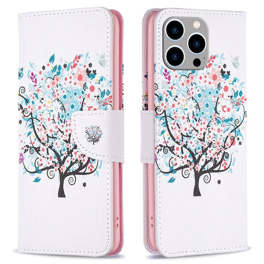 BF Pattern Printing Leather Series-1 for iPhone 14 Pro Max 6.7 inch PU Leather Stand Anti-drop Phone Cover Folio Flip Wallet Shockproof Case - Flower Tree