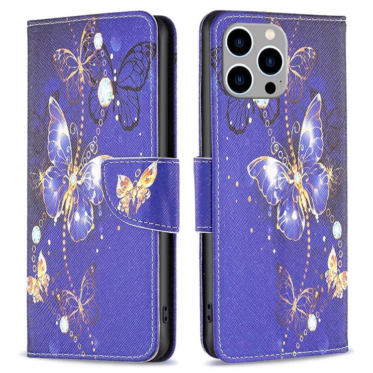 BF Pattern Printing Leather Series-2 for iPhone 14 Pro Max 6.7 inch Wallet Phone Case PU Leather Magnetic Clasp Stand Cover - Purple Butterflies