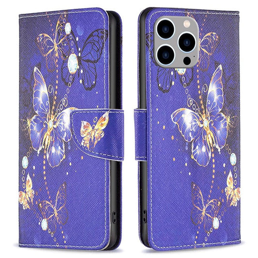 BF Pattern Printing Leather Series-2 for iPhone 14 Pro Max 6.7 inch Wallet Phone Case PU Leather Magnetic Clasp Stand Cover - Purple Butterflies