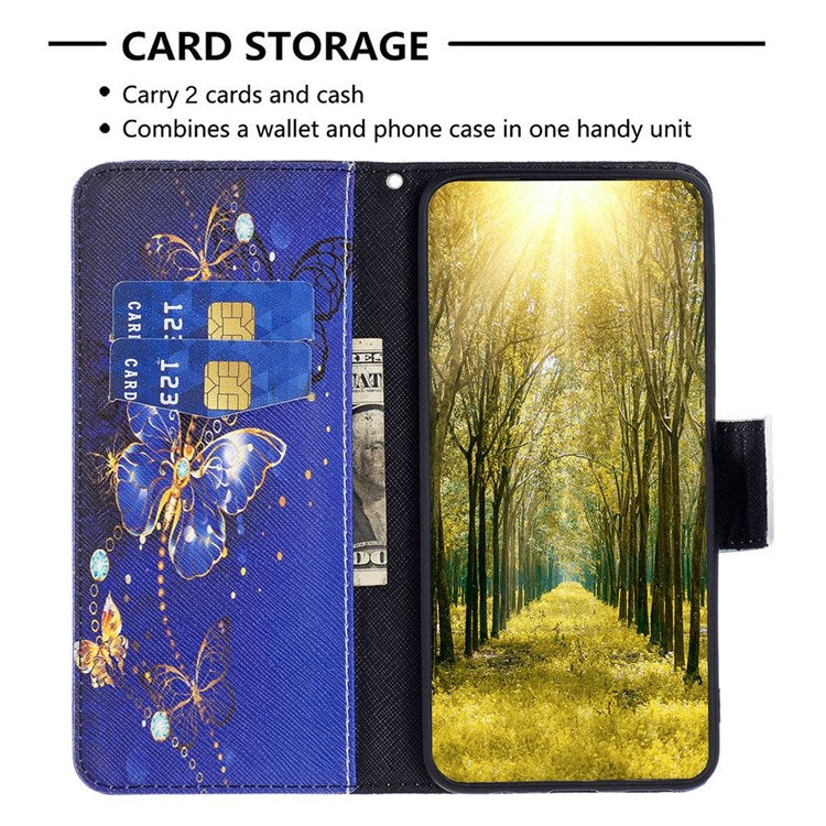 BF Pattern Printing Leather Series-2 for iPhone 14 Pro Max 6.7 inch Wallet Phone Case PU Leather Magnetic Clasp Stand Cover - Purple Butterflies