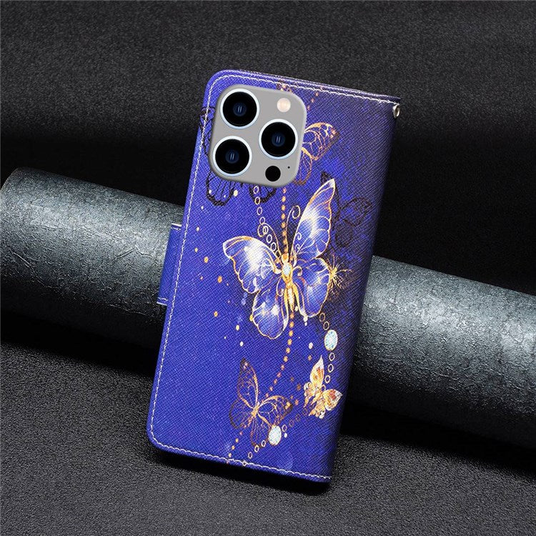 BF Pattern Printing Leather Series-2 for iPhone 14 Pro Max 6.7 inch Wallet Phone Case PU Leather Magnetic Clasp Stand Cover - Purple Butterflies