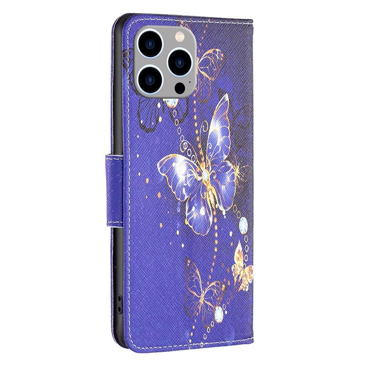 BF Pattern Printing Leather Series-2 for iPhone 14 Pro Max 6.7 inch Wallet Phone Case PU Leather Magnetic Clasp Stand Cover - Purple Butterflies