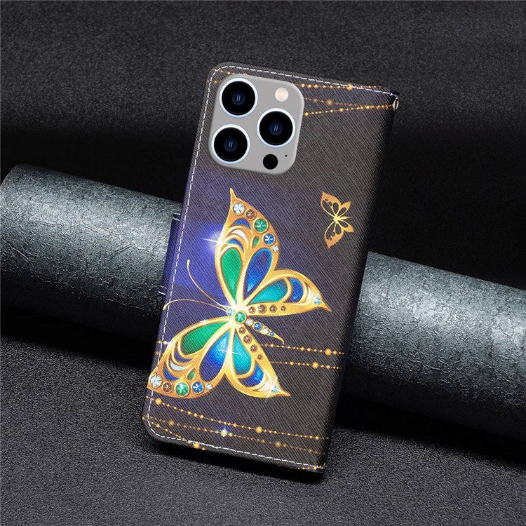 BF Pattern Printing Leather Series-2 for iPhone 14 Pro Max 6.7 inch Wallet Phone Case PU Leather Magnetic Clasp Stand Cover - Jewelry Butterfly