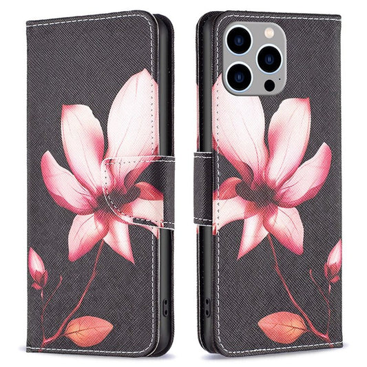 BF Pattern Printing Leather Series-2 for iPhone 14 Pro Max 6.7 inch Wallet Phone Case PU Leather Magnetic Clasp Stand Cover - Pink Flower