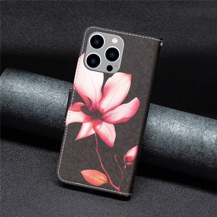 BF Pattern Printing Leather Series-2 for iPhone 14 Pro Max 6.7 inch Wallet Phone Case PU Leather Magnetic Clasp Stand Cover - Pink Flower