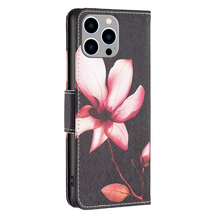 BF Pattern Printing Leather Series-2 for iPhone 14 Pro Max 6.7 inch Wallet Phone Case PU Leather Magnetic Clasp Stand Cover - Pink Flower
