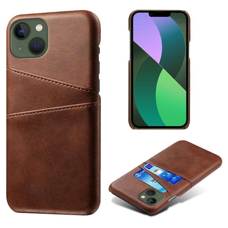 Drop-proof Phone Case for iPhone 14 Plus 6.7 inch, PU Leather Coated Hard PC Phone Shell with Dual Card Slots - Brown
