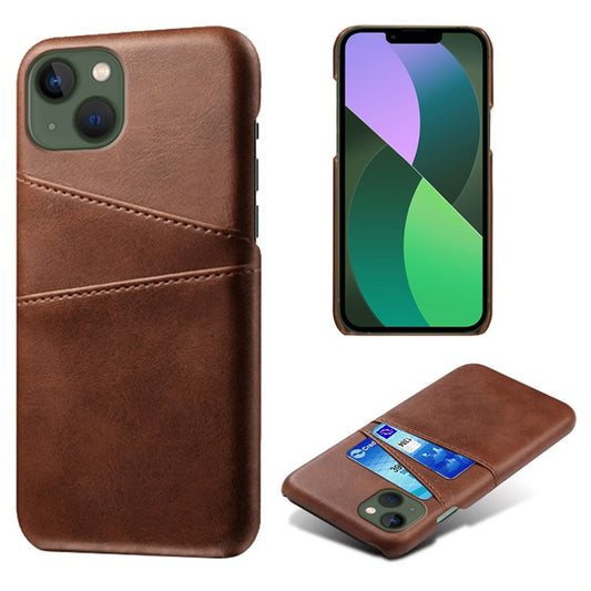 Drop-proof Phone Case for iPhone 14 Plus 6.7 inch, PU Leather Coated Hard PC Phone Shell with Dual Card Slots - Brown