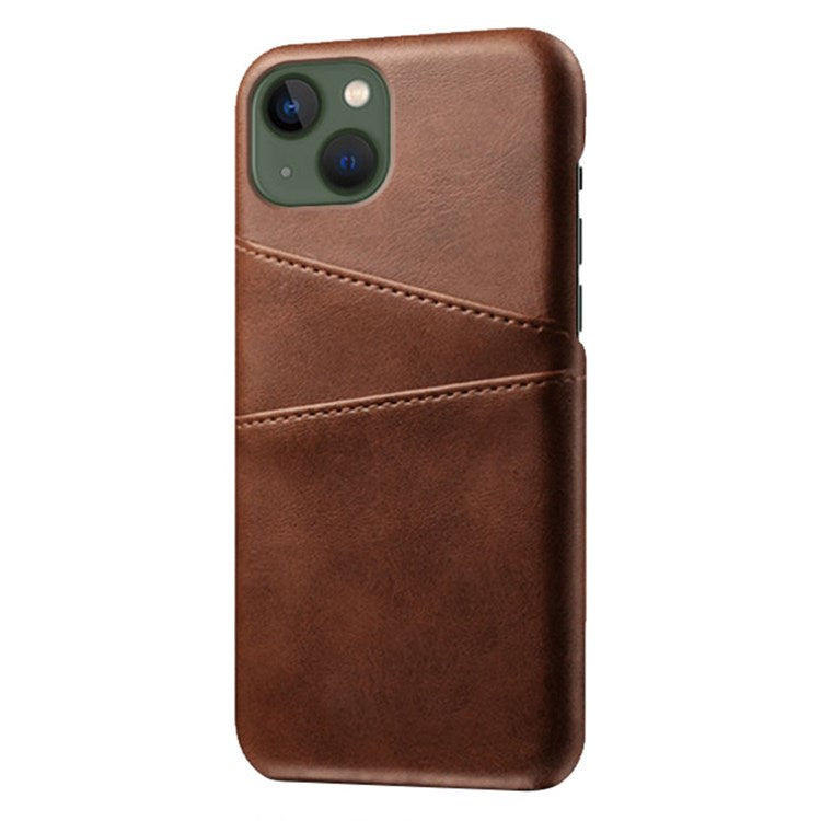 Drop-proof Phone Case for iPhone 14 Plus 6.7 inch, PU Leather Coated Hard PC Phone Shell with Dual Card Slots - Brown