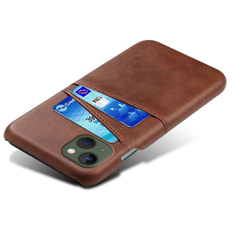 Drop-proof Phone Case for iPhone 14 Plus 6.7 inch, PU Leather Coated Hard PC Phone Shell with Dual Card Slots - Brown