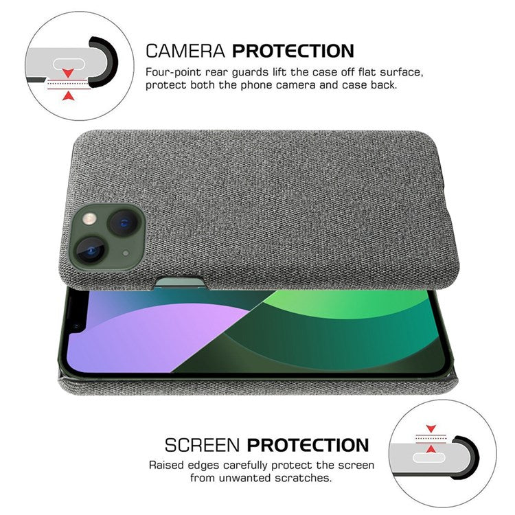 For iPhone 14 6.1 inch Well-protected Anti-scratch Phone Case Solid Color Hard PC+Cloth Cell Phone Shell Cover - Grey