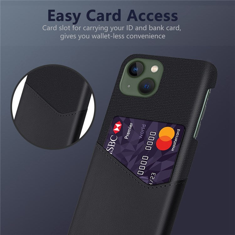 For iPhone 14 Plus 6.7 inch Cloth Texture Anti-drop Phone Case PU Leather Coated Hard PC Protective Shell with Card Slot - Black