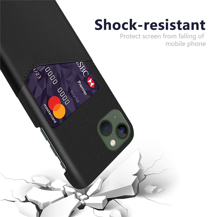 For iPhone 14 Plus 6.7 inch Cloth Texture Anti-drop Phone Case PU Leather Coated Hard PC Protective Shell with Card Slot - Black