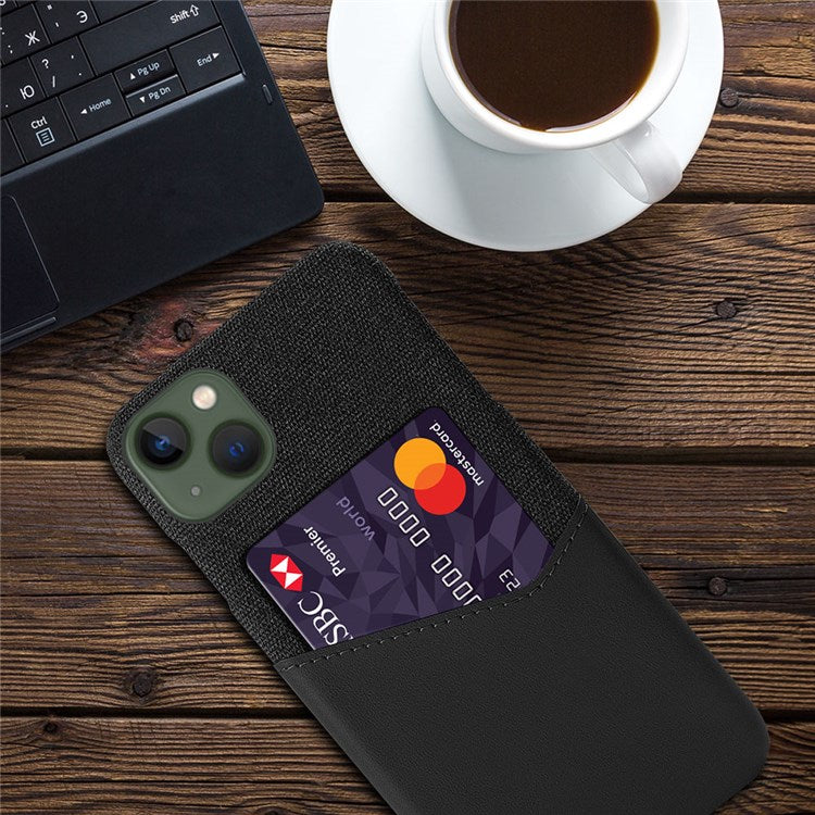 For iPhone 14 Plus 6.7 inch Cloth Texture Anti-drop Phone Case PU Leather Coated Hard PC Protective Shell with Card Slot - Black
