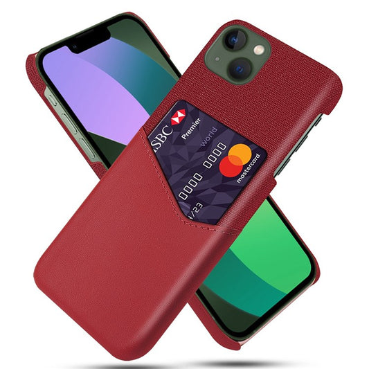 For iPhone 14 Plus 6.7 inch Cloth Texture Anti-drop Phone Case PU Leather Coated Hard PC Protective Shell with Card Slot - Red