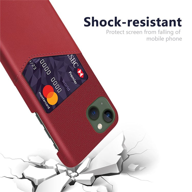 For iPhone 14 Plus 6.7 inch Cloth Texture Anti-drop Phone Case PU Leather Coated Hard PC Protective Shell with Card Slot - Red