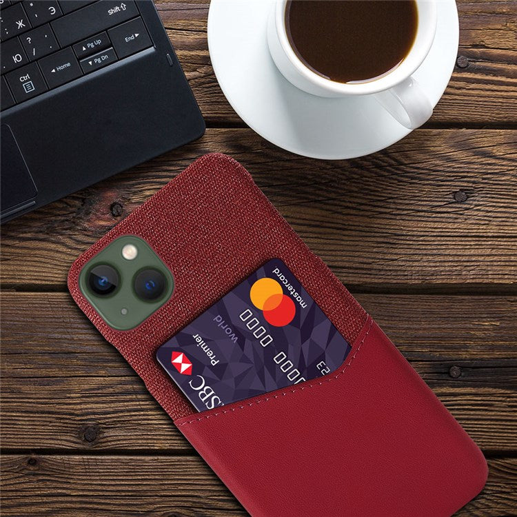 For iPhone 14 Plus 6.7 inch Cloth Texture Anti-drop Phone Case PU Leather Coated Hard PC Protective Shell with Card Slot - Red