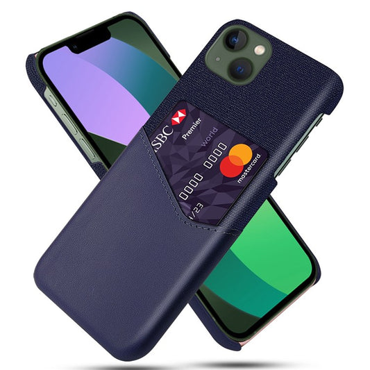 For iPhone 14 6.1 inch Cloth Texture Phone Protector PU Leather Coated Hard PC Cover Shell with Card Slot - Blue