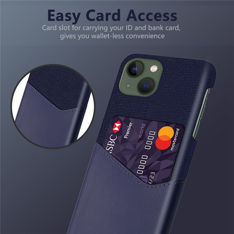 For iPhone 14 6.1 inch Cloth Texture Phone Protector PU Leather Coated Hard PC Cover Shell with Card Slot - Blue