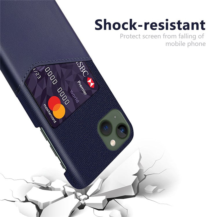 For iPhone 14 6.1 inch Cloth Texture Phone Protector PU Leather Coated Hard PC Cover Shell with Card Slot - Blue
