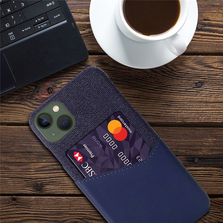For iPhone 14 6.1 inch Cloth Texture Phone Protector PU Leather Coated Hard PC Cover Shell with Card Slot - Blue