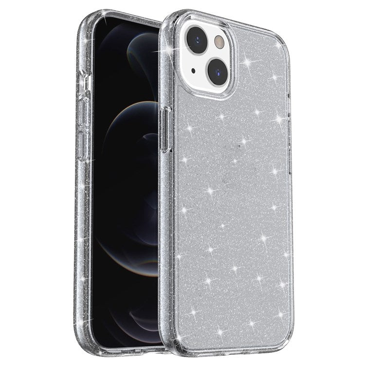 Shiny Glittery Powder Phone Case for iPhone 14 6.1 inch, Shockproof Soft TPU + Hard PC Protective Cover - Grey