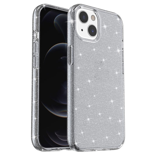 Shiny Glittery Powder Phone Case for iPhone 14 6.1 inch, Shockproof Soft TPU + Hard PC Protective Cover - Grey