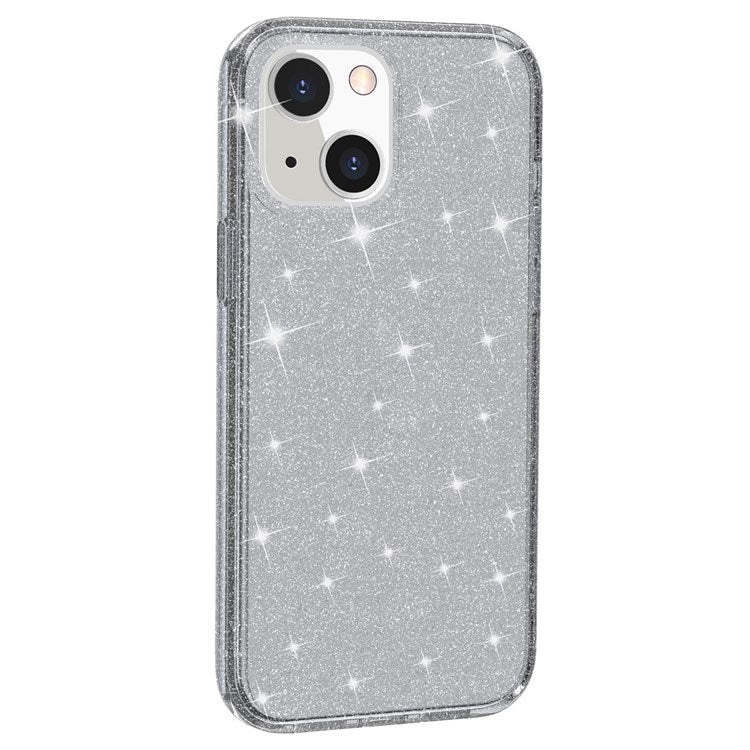 Shiny Glittery Powder Phone Case for iPhone 14 6.1 inch, Shockproof Soft TPU + Hard PC Protective Cover - Grey