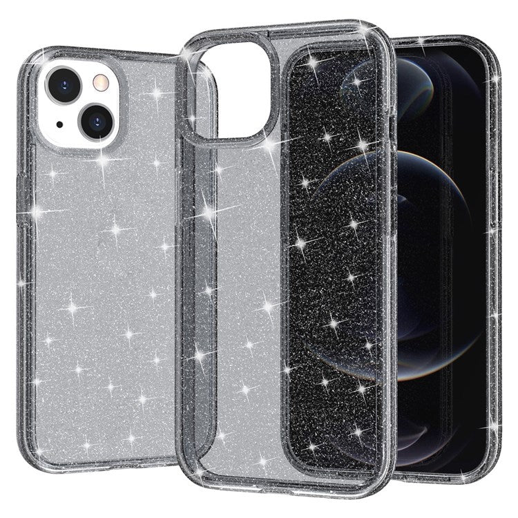 Shiny Glittery Powder Phone Case for iPhone 14 6.1 inch, Shockproof Soft TPU + Hard PC Protective Cover - Grey