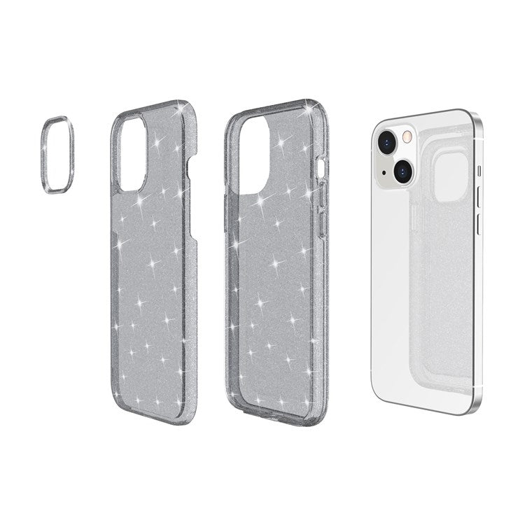 Shiny Glittery Powder Phone Case for iPhone 14 6.1 inch, Shockproof Soft TPU + Hard PC Protective Cover - Grey