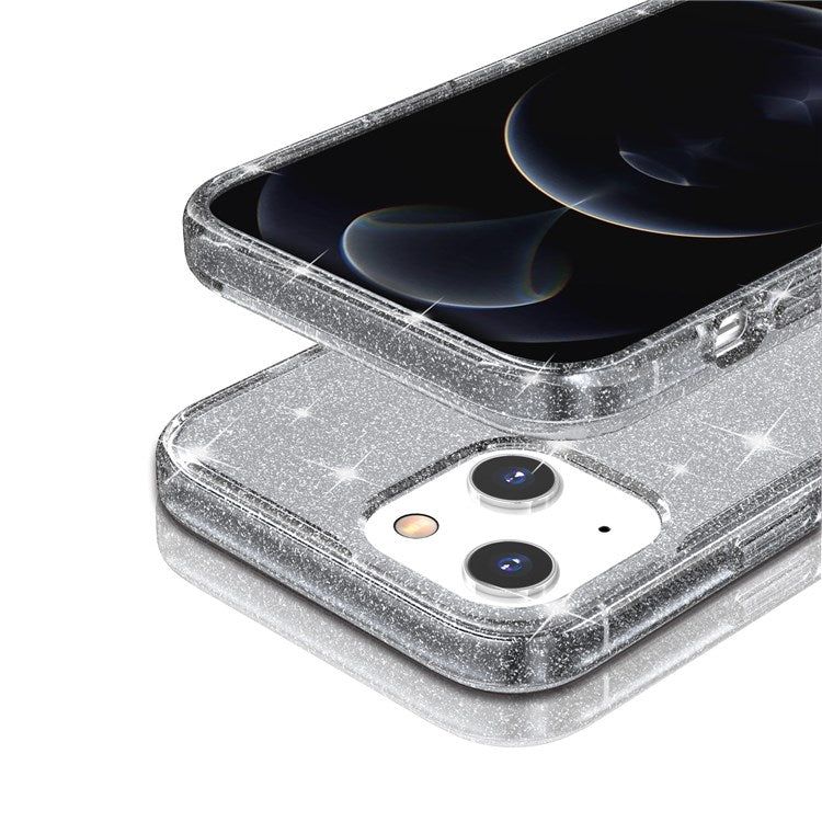 Shiny Glittery Powder Phone Case for iPhone 14 6.1 inch, Shockproof Soft TPU + Hard PC Protective Cover - Grey