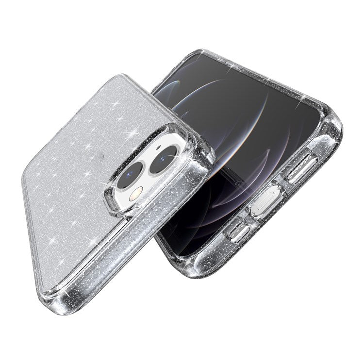 Shiny Glittery Powder Phone Case for iPhone 14 6.1 inch, Shockproof Soft TPU + Hard PC Protective Cover - Grey