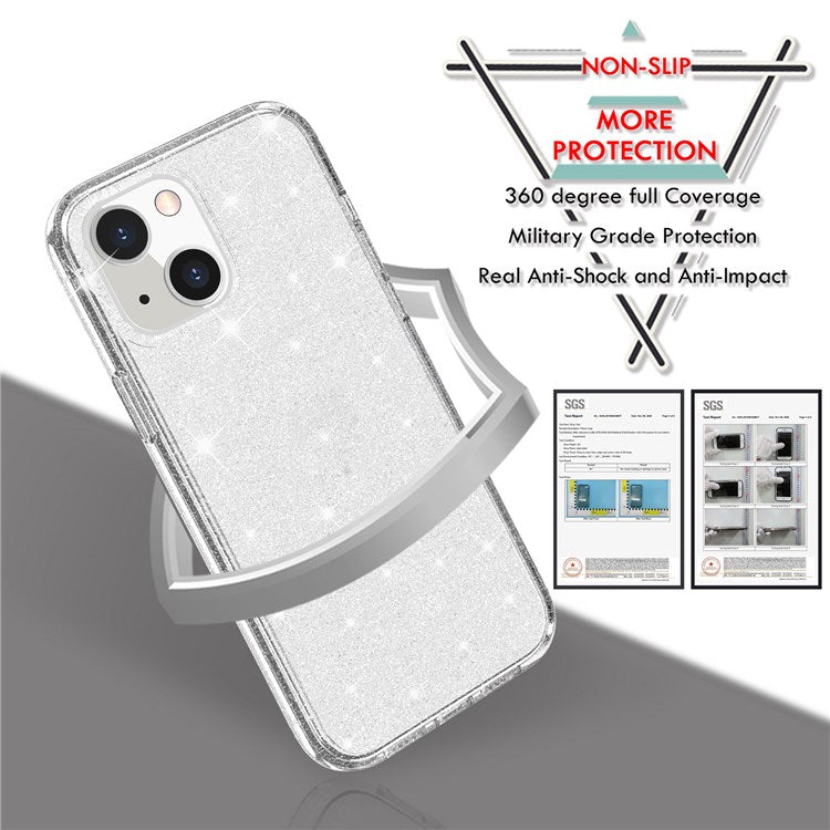Shiny Glittery Powder Phone Case for iPhone 14 6.1 inch, Shockproof Soft TPU + Hard PC Protective Cover - Grey