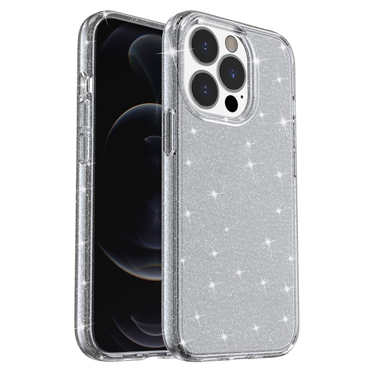 Glittery Powder Smart Phone Case for iPhone 14 Pro 6.1 inch, Anti-drop TPU Edge + PC Back Cover - Grey