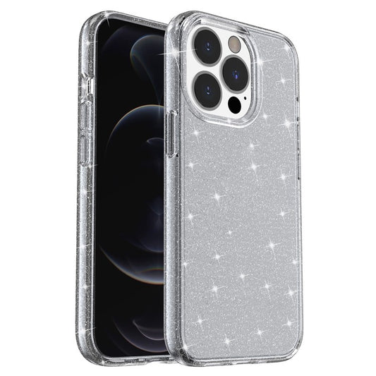 Glittery Powder Smart Phone Case for iPhone 14 Pro 6.1 inch, Anti-drop TPU Edge + PC Back Cover - Grey