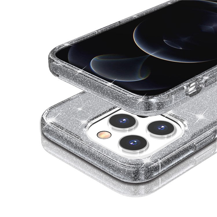 Glittery Powder Smart Phone Case for iPhone 14 Pro 6.1 inch, Anti-drop TPU Edge + PC Back Cover - Grey