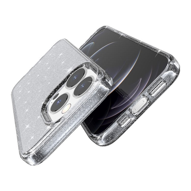 Glittery Powder Smart Phone Case for iPhone 14 Pro 6.1 inch, Anti-drop TPU Edge + PC Back Cover - Grey