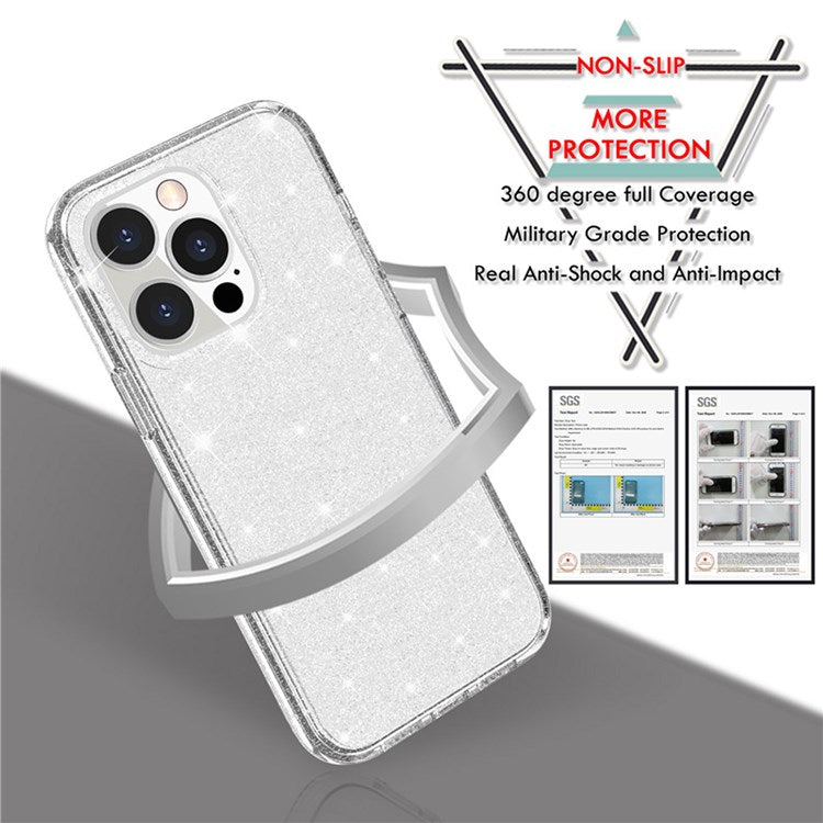 Glittery Powder Smart Phone Case for iPhone 14 Pro 6.1 inch, Anti-drop TPU Edge + PC Back Cover - Grey
