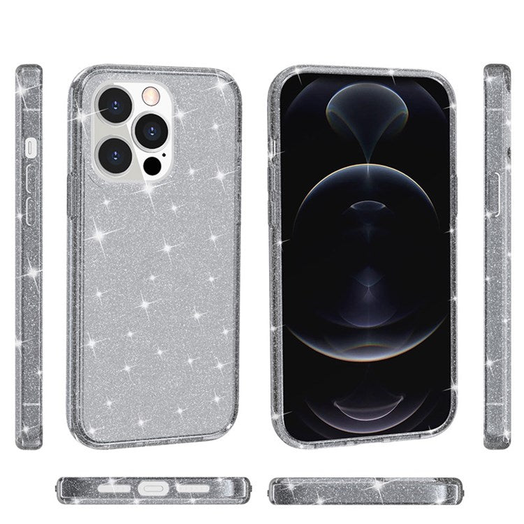 Glittery Powder Smart Phone Case for iPhone 14 Pro 6.1 inch, Anti-drop TPU Edge + PC Back Cover - Grey