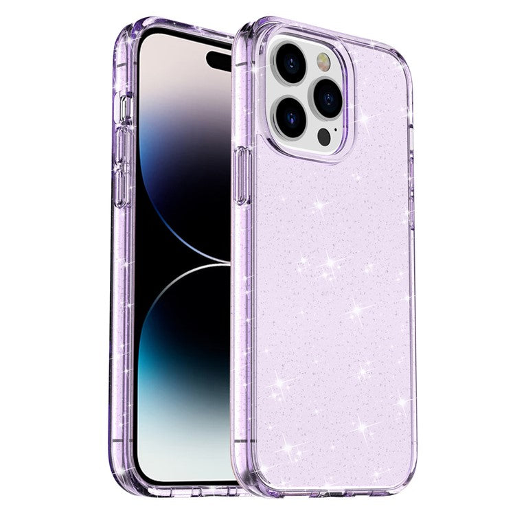 Glittery Powder Smart Phone Case for iPhone 14 Pro, Anti-drop TPU Edge + PC Back Cover - Purple